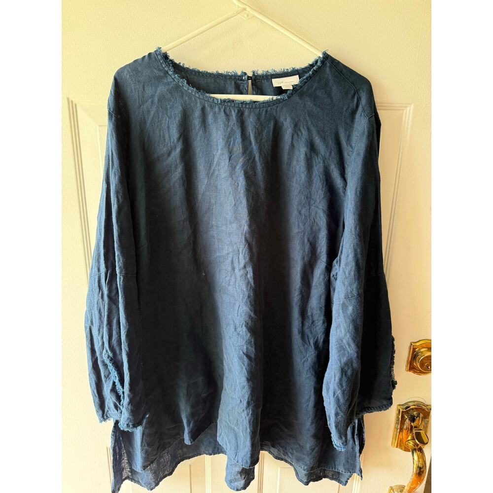 J. Jill Love Linen | Dark Blue Frayed Hem Bohemian Summer Flowy Top Size 3X - Picture 2 of 10